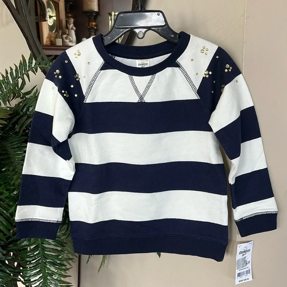 Brand New OshKosh B’Gosh Striped Nautical Bejeweled Studded Rugby Sweatshirt